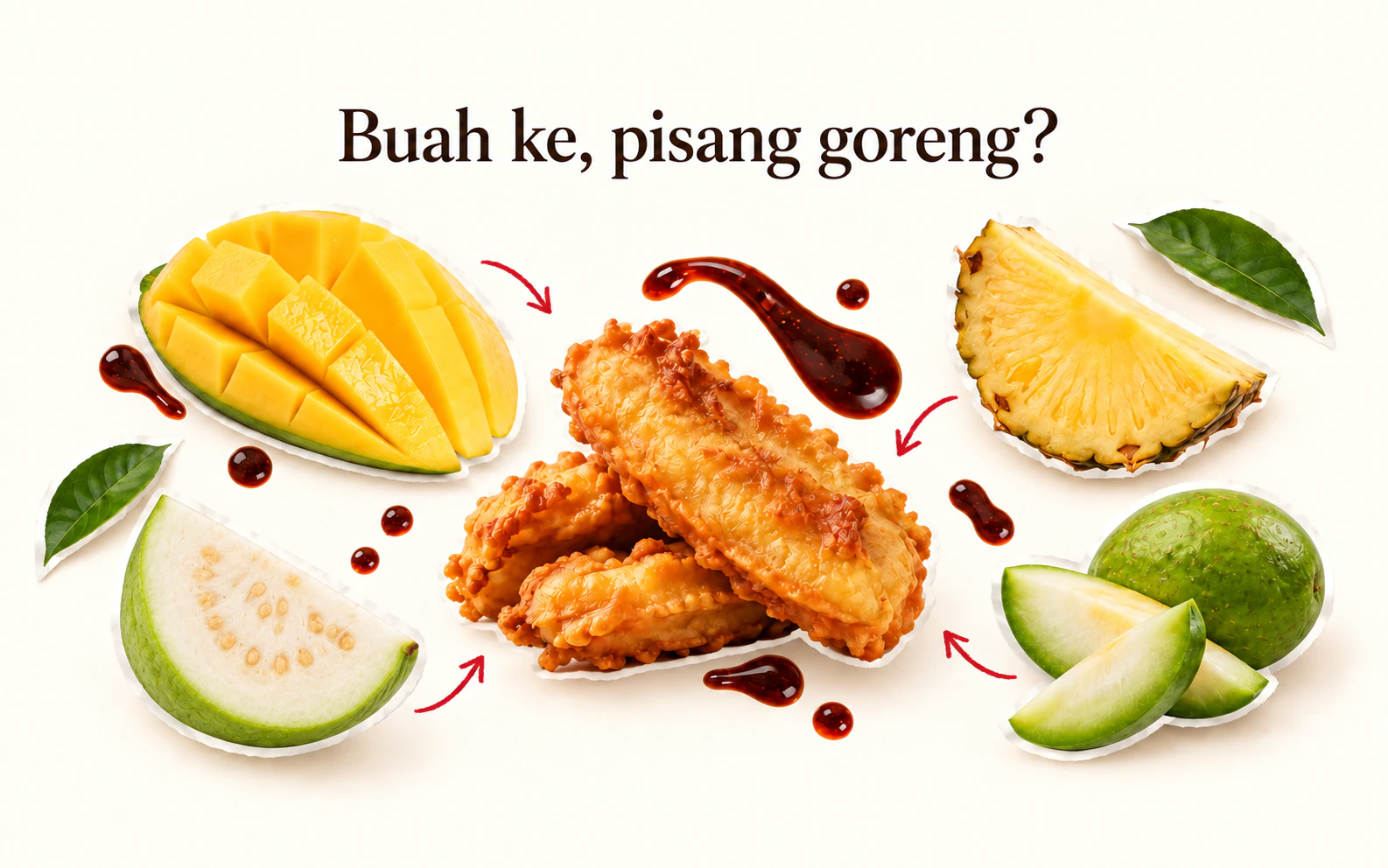 Kolaj mangga, nanas, jambu batu, pisang goreng, daun hijau dan titisan sambal.