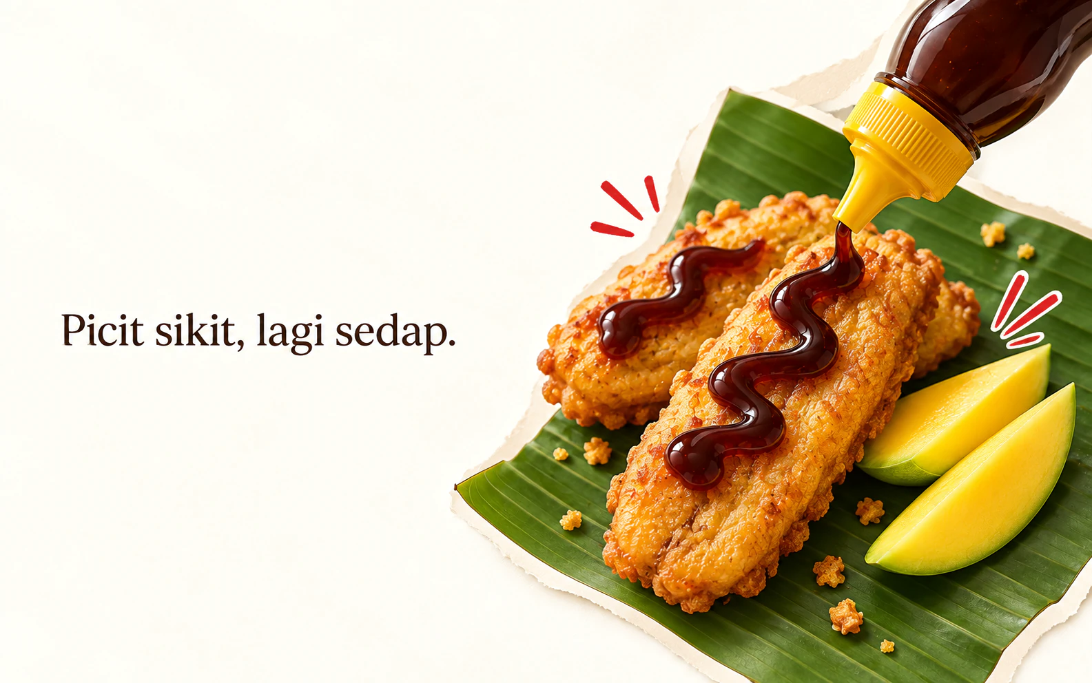 Sambal dipicit di atas pisang goreng beralaskan daun pisang.